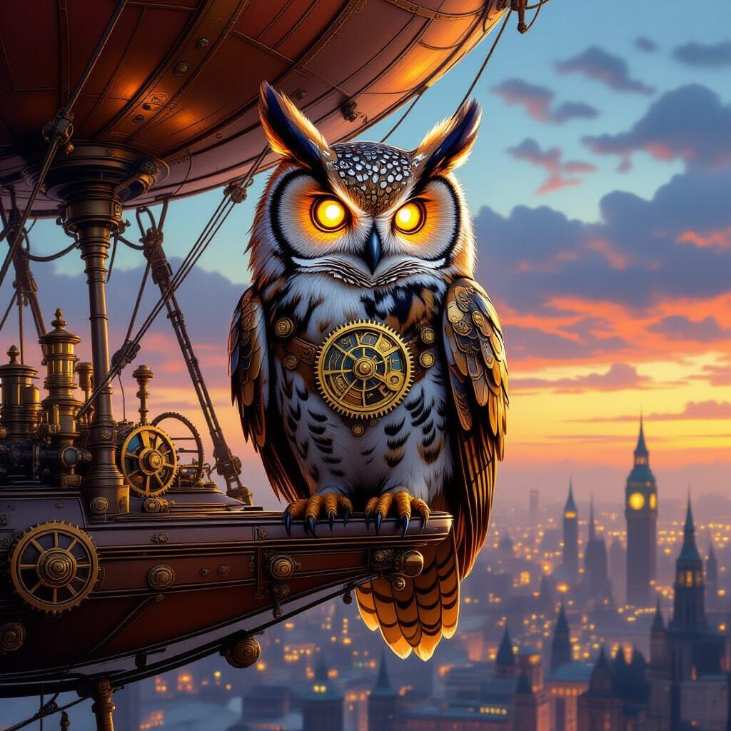 Clockwork Owl on Airship Over Steampunk City