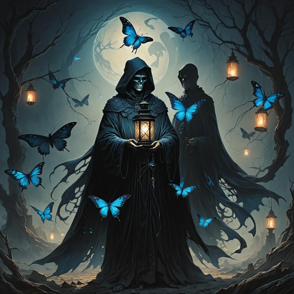 Necromancer with Butterfly Lantern: Dark Fantasy Art