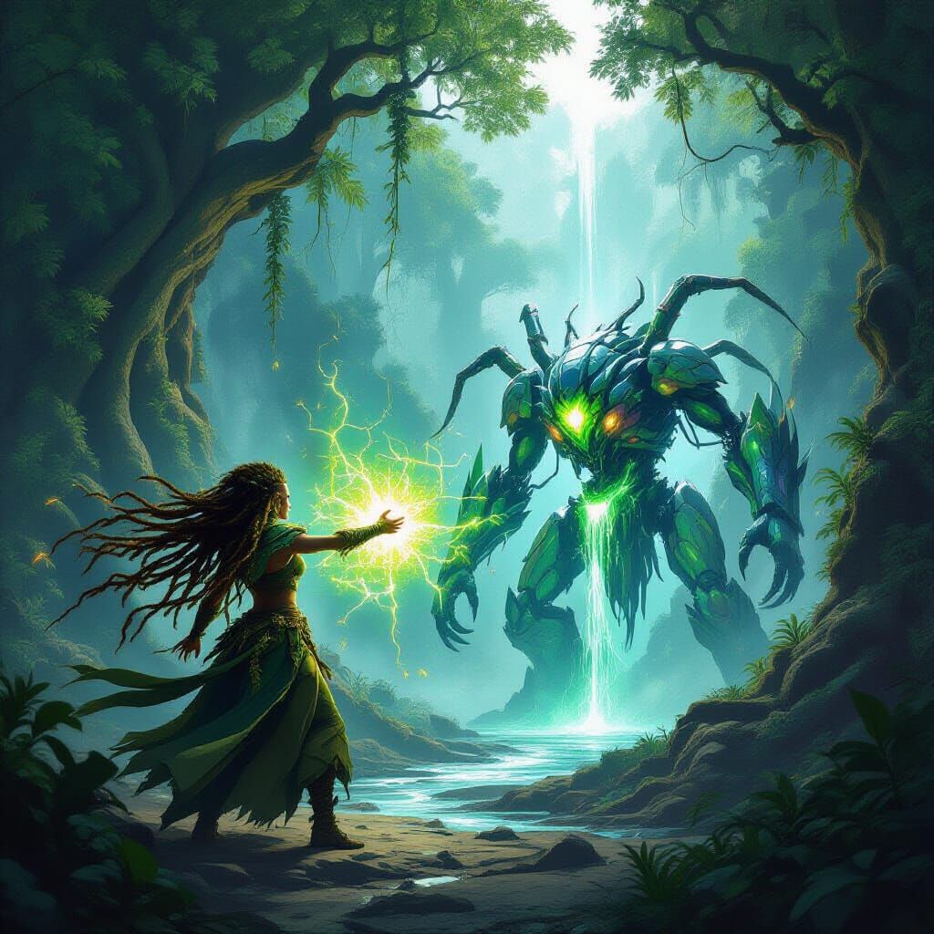 Druid Unleashes Energy Vines Against Mechanical Beast
