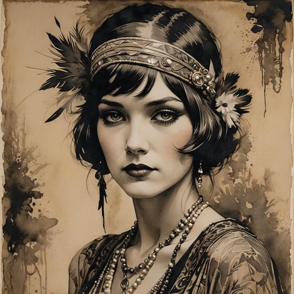 Bohemian Flapper Portrait in Pen and Ink Sgraffito Style