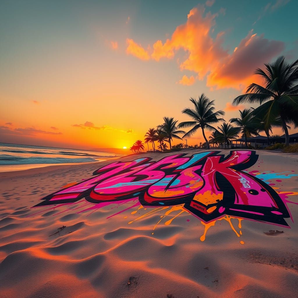 Vibrant Beach Scene at Dusk with Graffiti Art