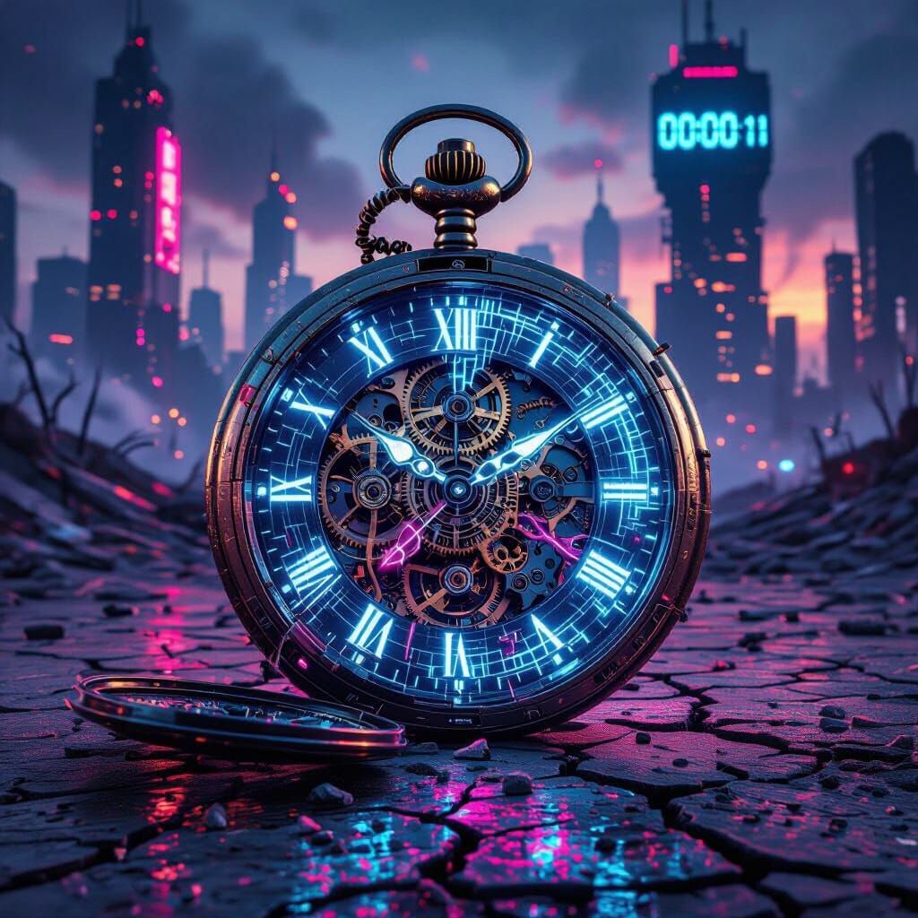 Shattered Pocket Watch with Neon Digital Corruption