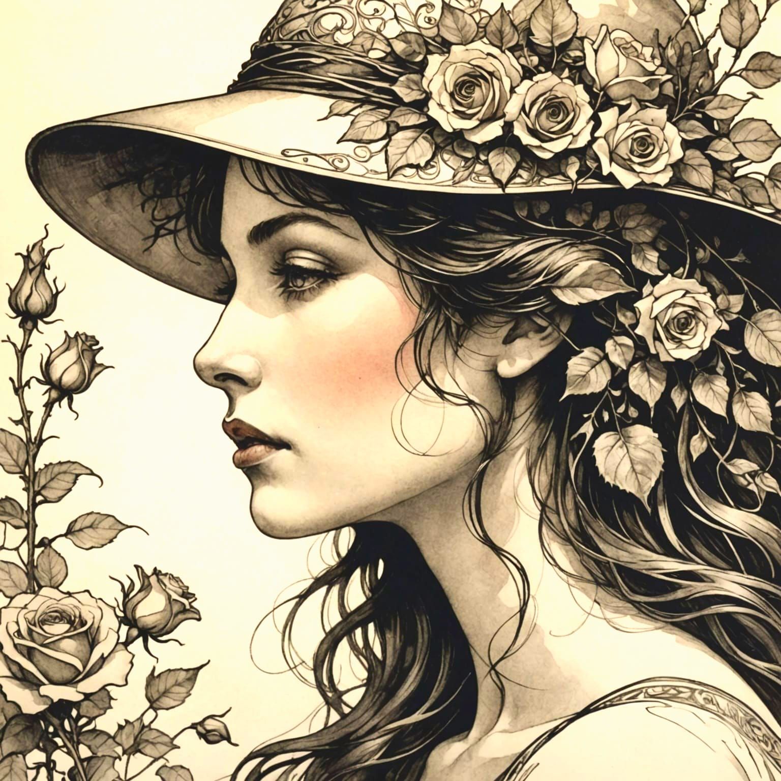 Woman's Hat Made of Roses in Romantic Ink Drawing Style