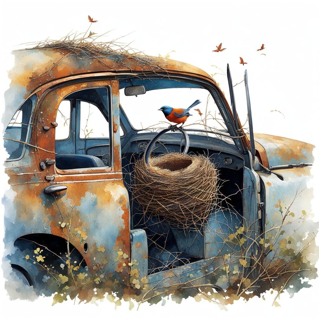 Bird's Nest in Rusted Car: Watercolor Painting