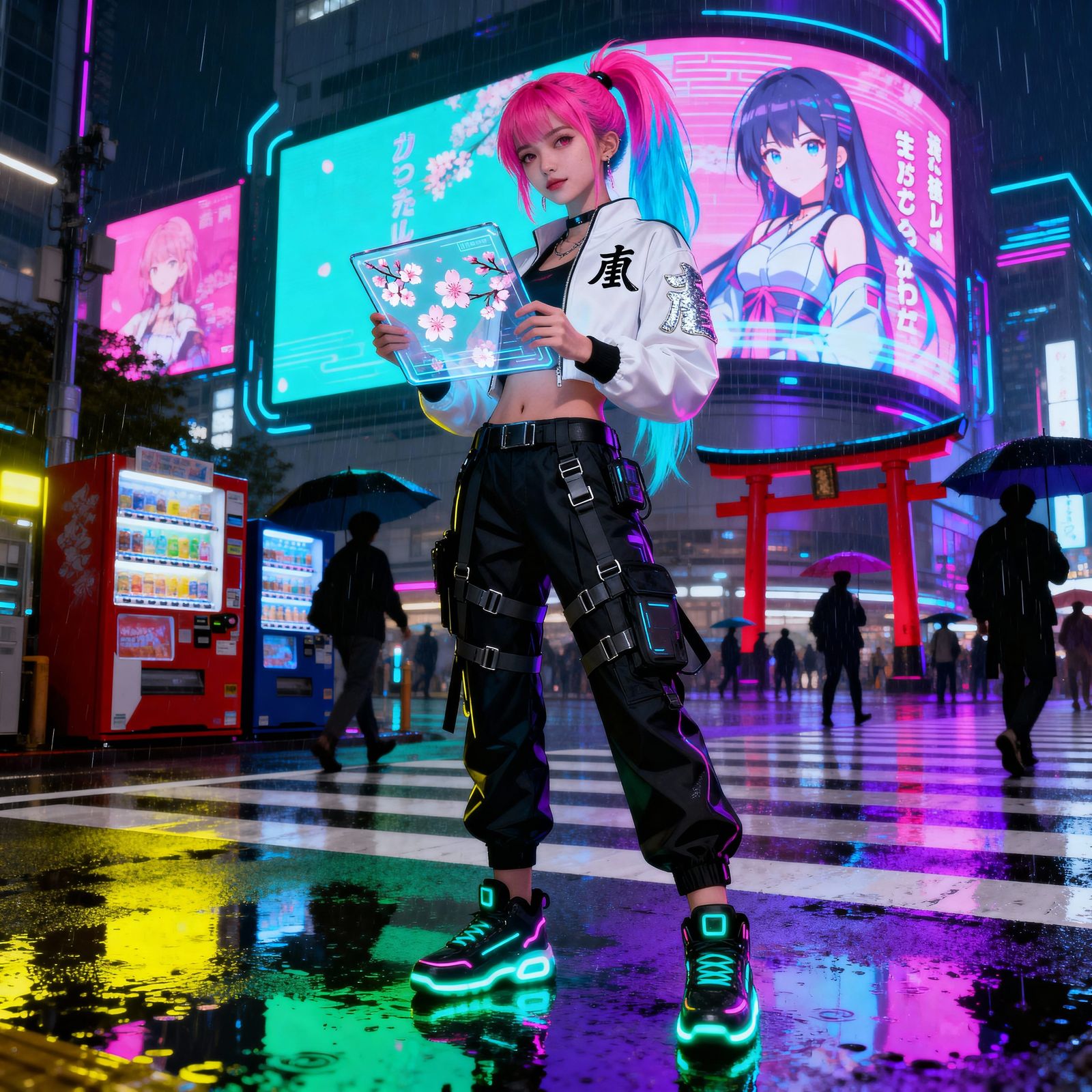 Cyberpunk Woman in Futuristic Shibuya Crossing