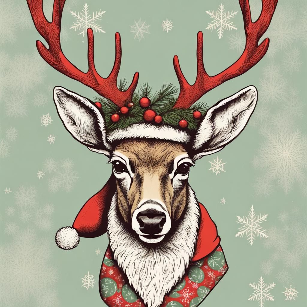 Christmas Deer in Santa Suit Retro Illustration