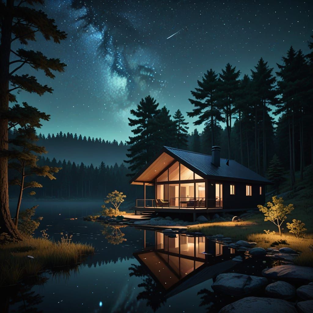 Sleek Lake House Cabin Under Starry Night Sky
