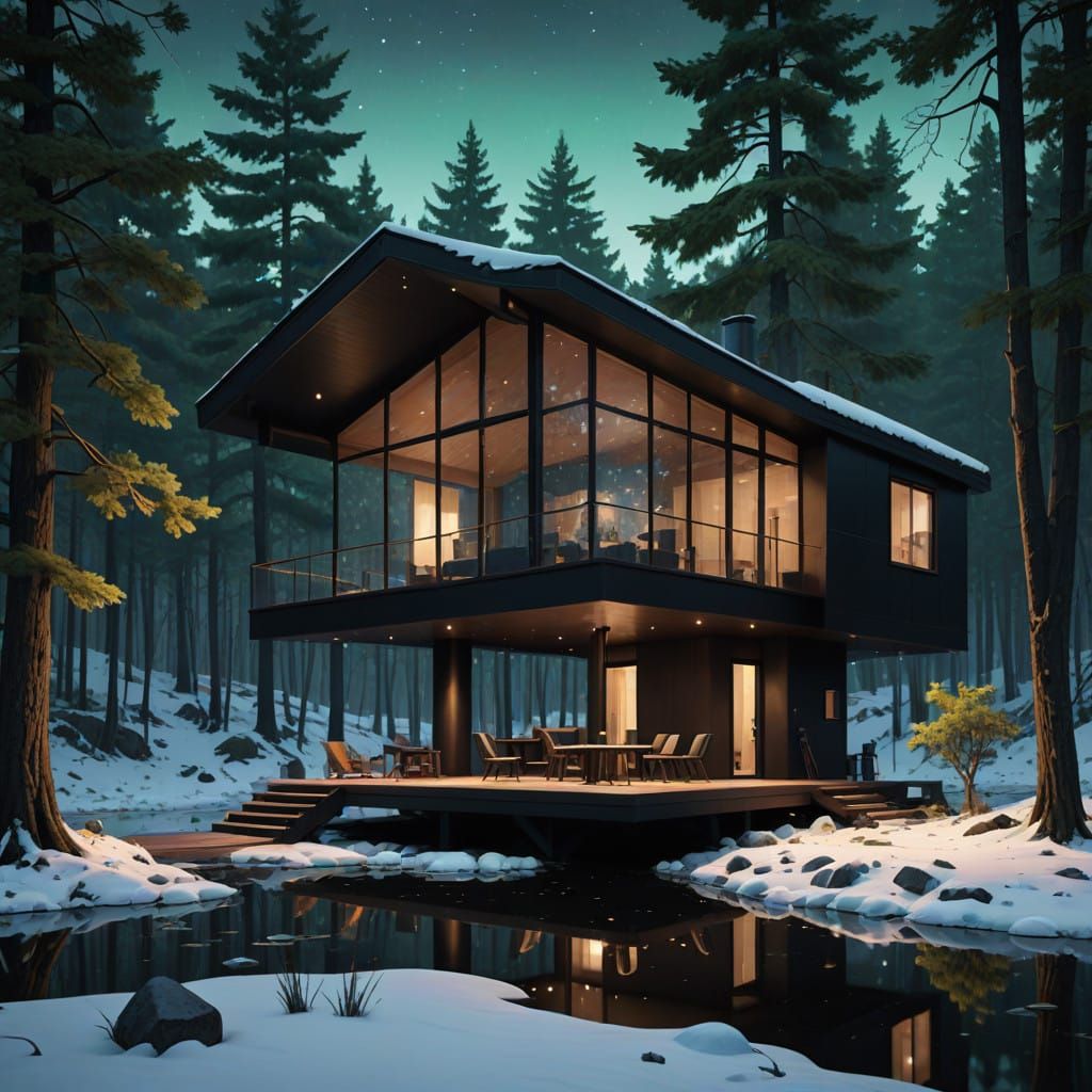 Midnight Lake Sanctuary in Postmodern Style