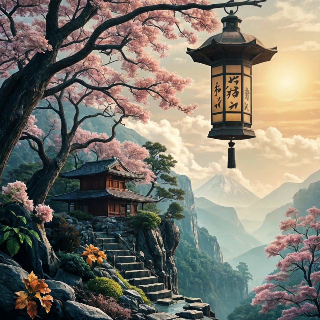 Japanese Landscape Spilling from a Lantern