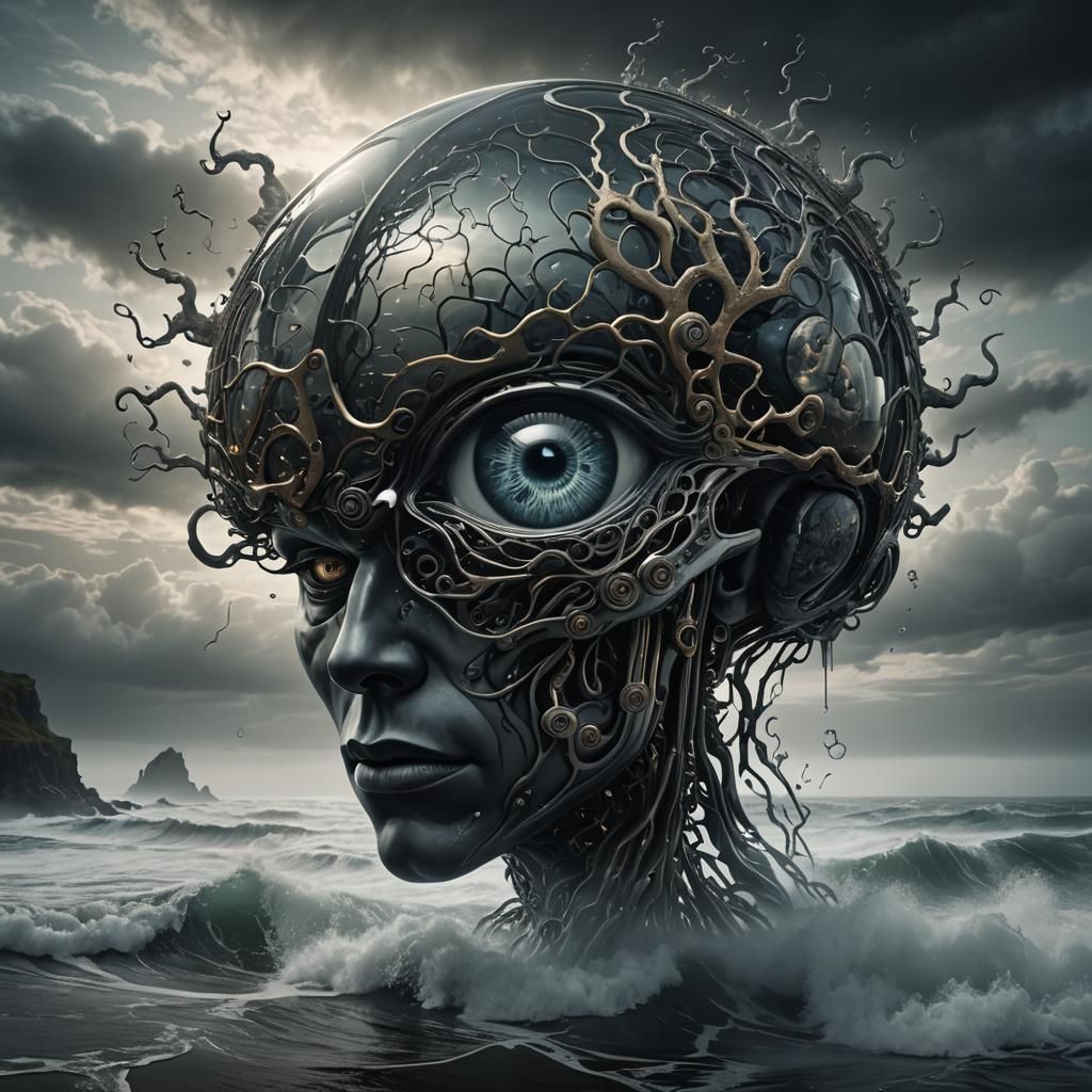 Glass A with Brain in Dark Fantasy 3D Render