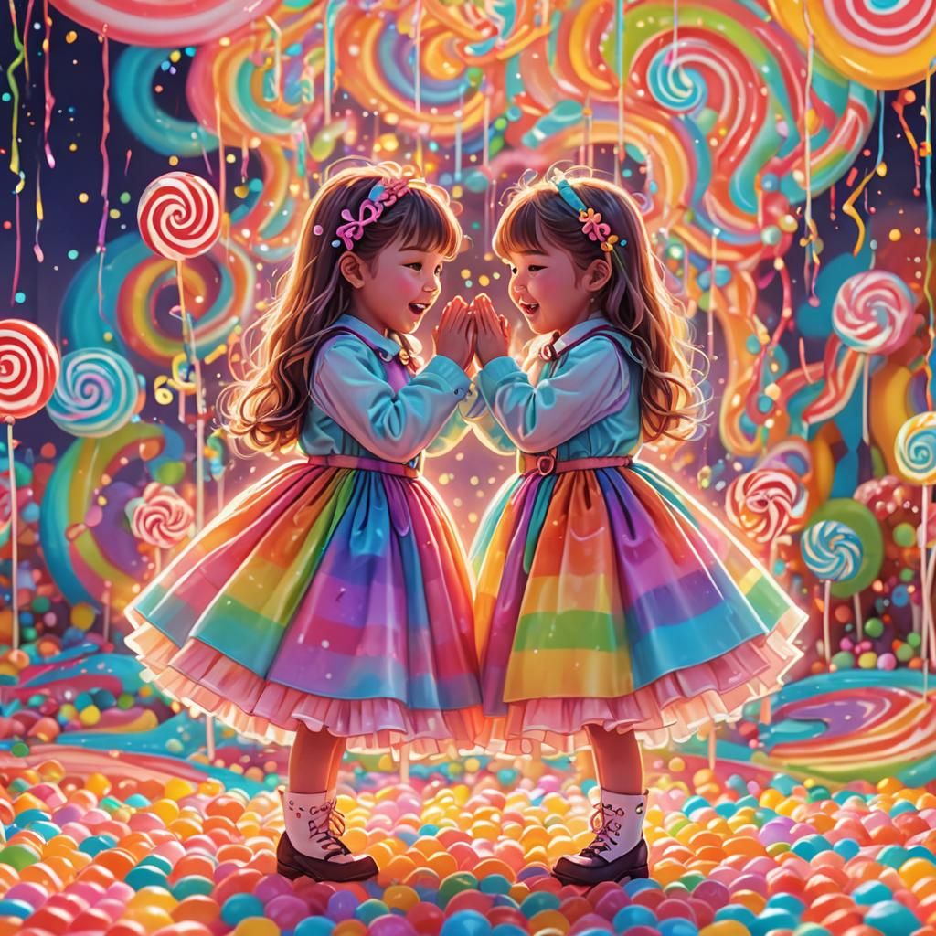 Neon Candy Twins Embrace in Whimsical Candyland