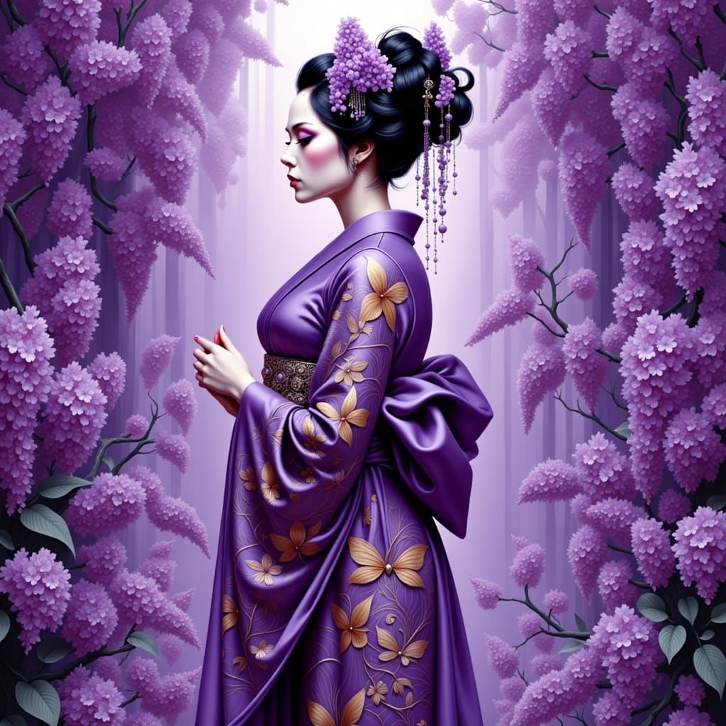 Ethereal Geisha Princess in Lilac Garden