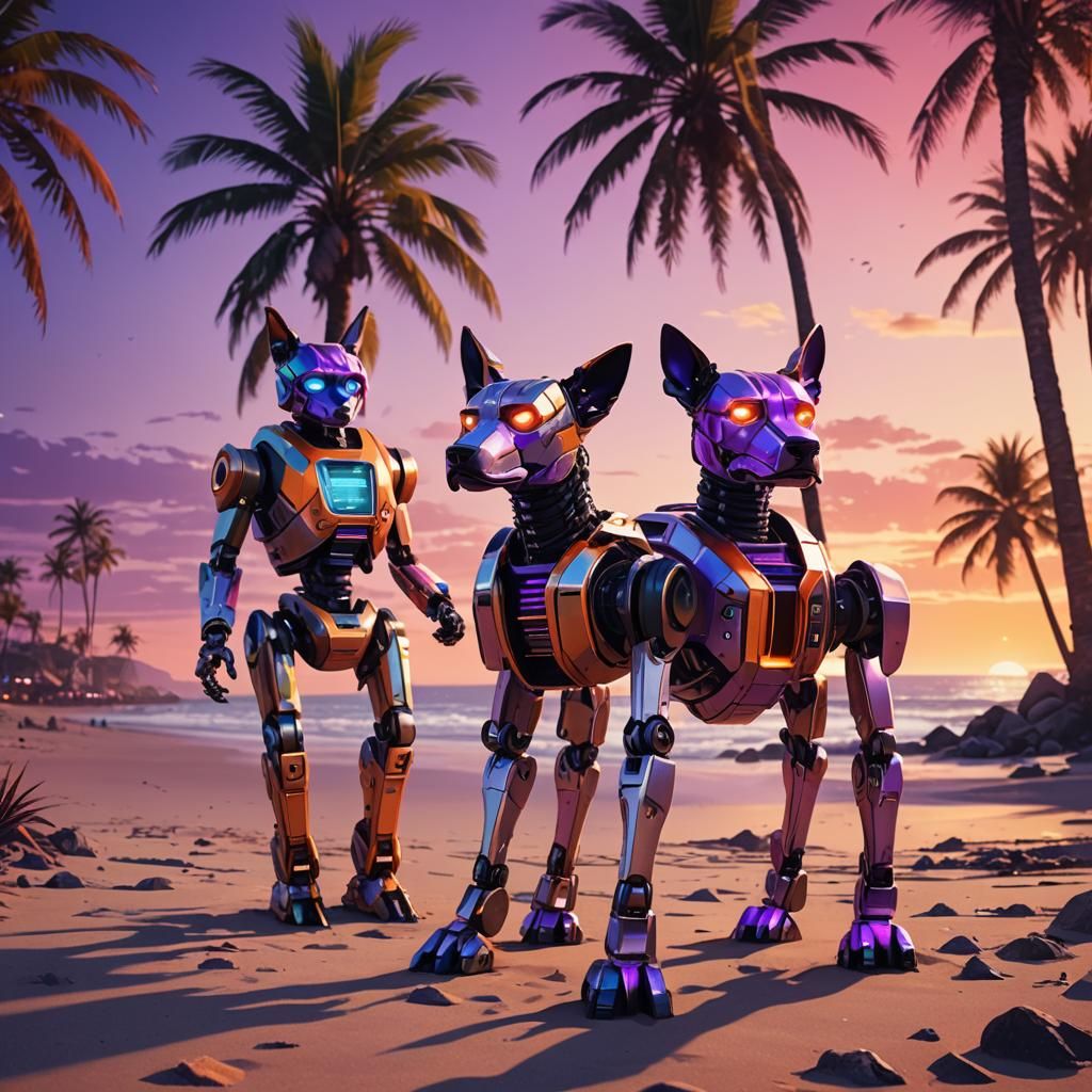 Robot Dogs on a Beach at Sunset: Digital Art