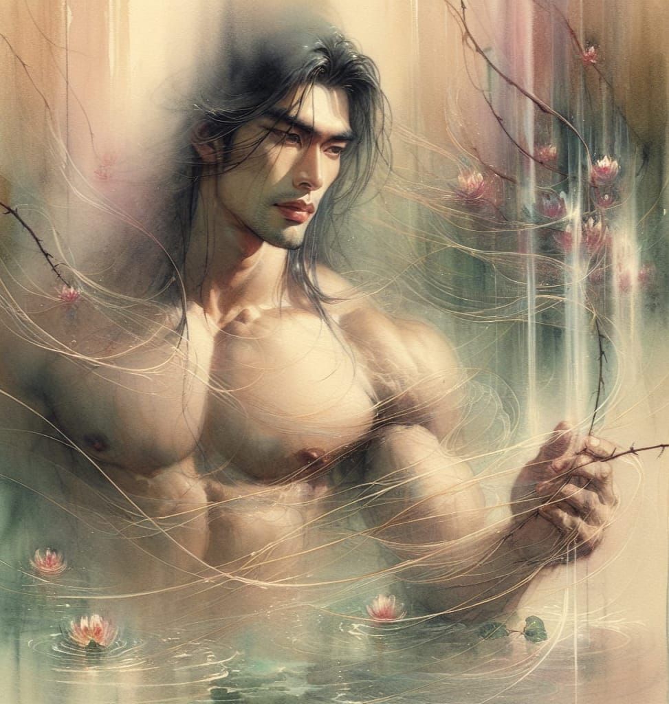 Dreamy Asian Man in Waterfall, Ukiyo-e Style