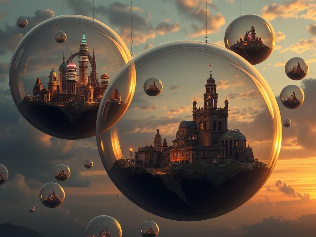 Floating Bubble Cities in a Surreal Sky