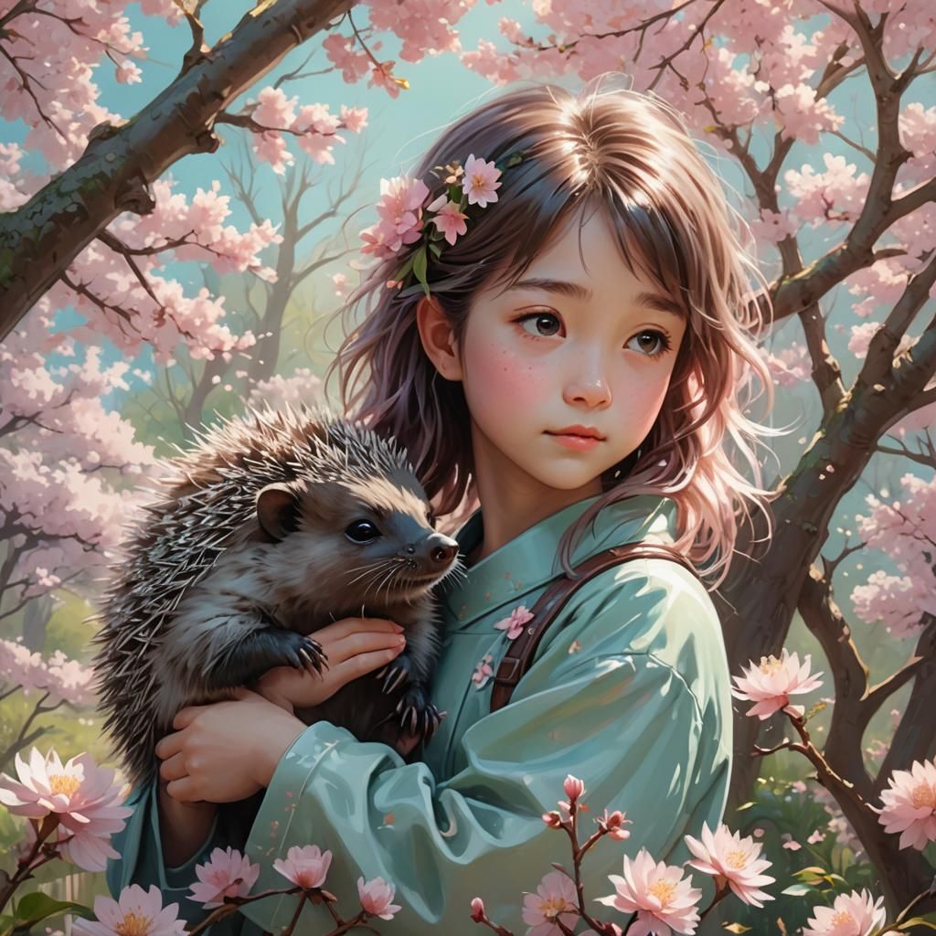 Girl Hugging Porcupine in Cherry Blossom Garden