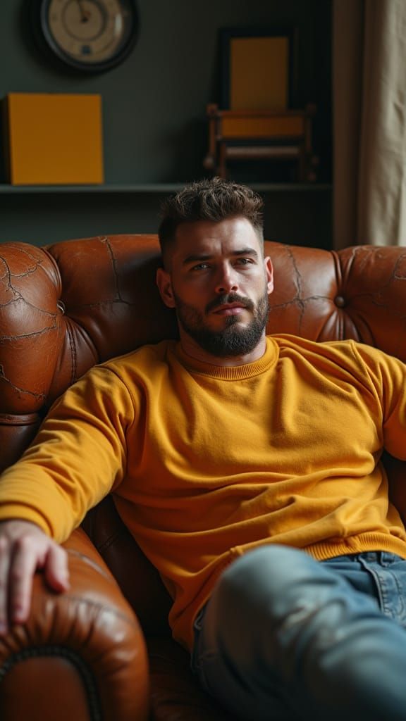 Hyper-Stylized Portrait of Man on Leather Throne