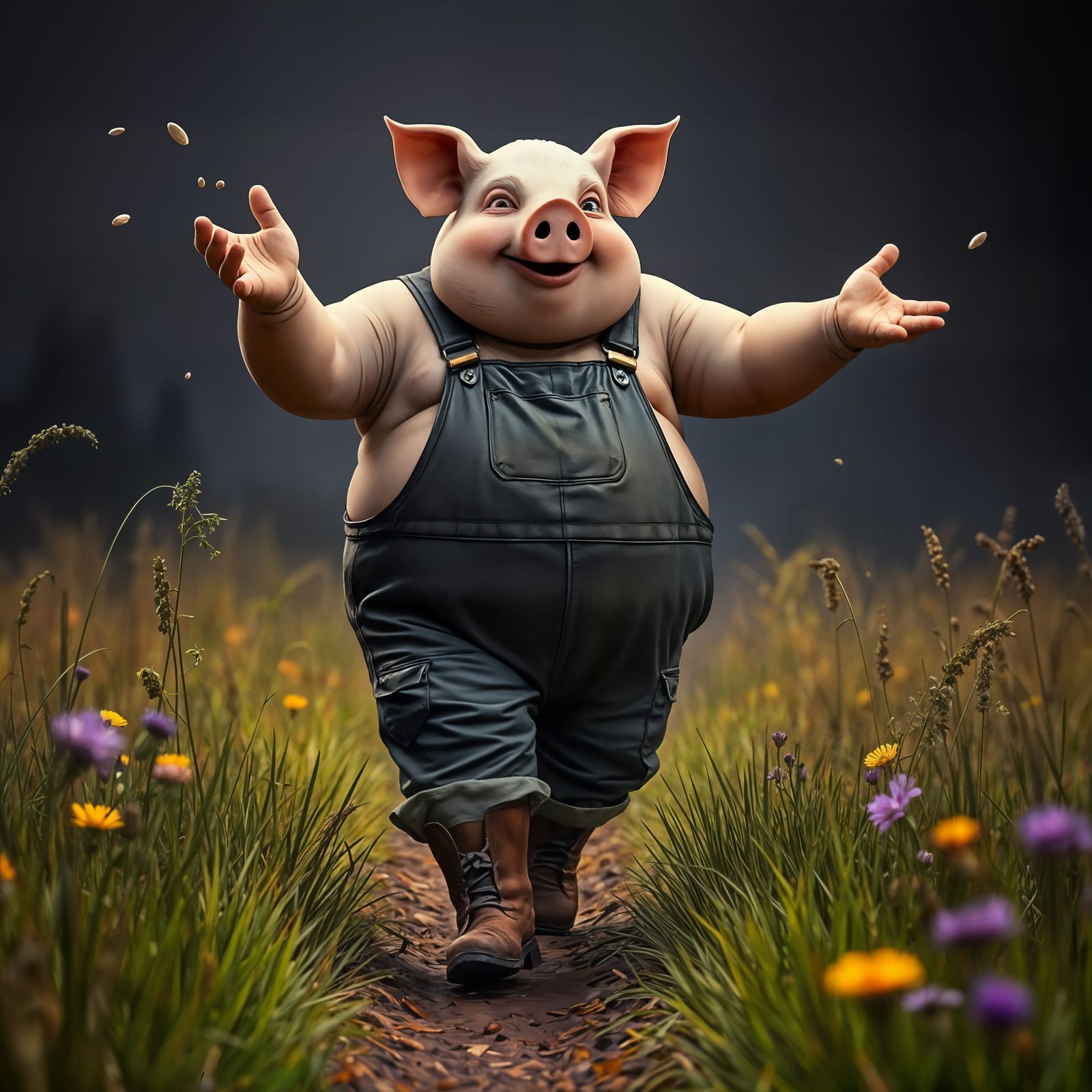 Pig-Headed Farmer Sowing Seeds in Dark Fantasy Style