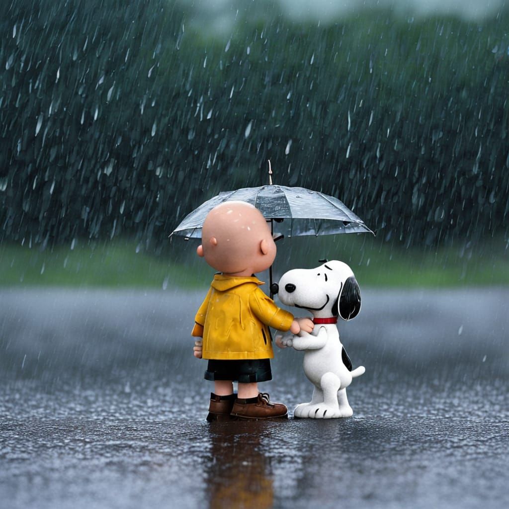 Charlie Brown and Snoopy Under Umbrella in Rainy Day Scene