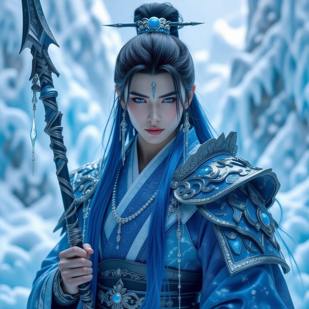 Majestic Water God in Ice Armor with Spear