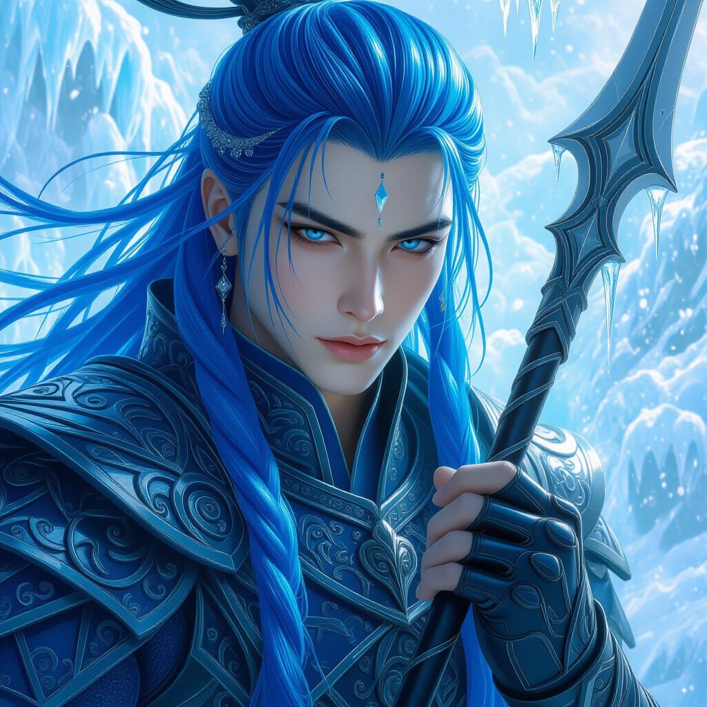 Majestic Water God in Detailed Ice Armor