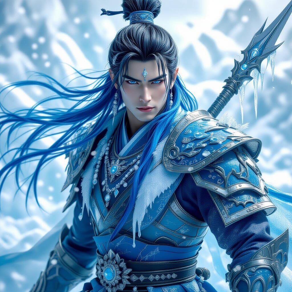 Majestic Water God in Ice Armor with Spear