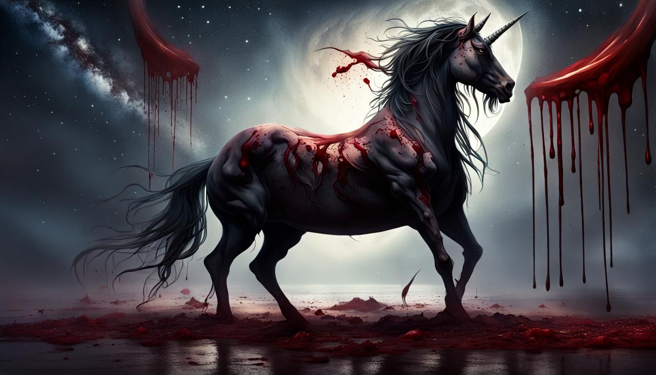 Dark Unicorn Amidst Carnage Under Starry Sky