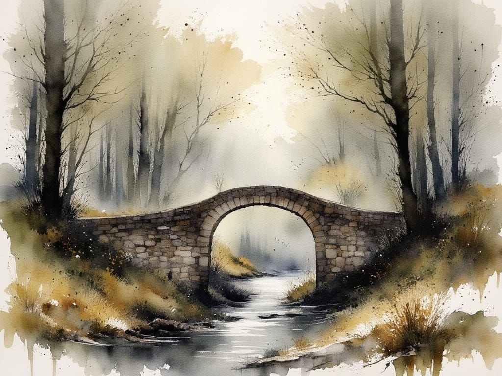 Minimalist Watercolor Bridge Over Brook at Daybreak