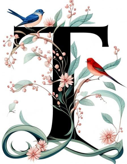 Illuminated Medieval Letter T with Flowers and Birds