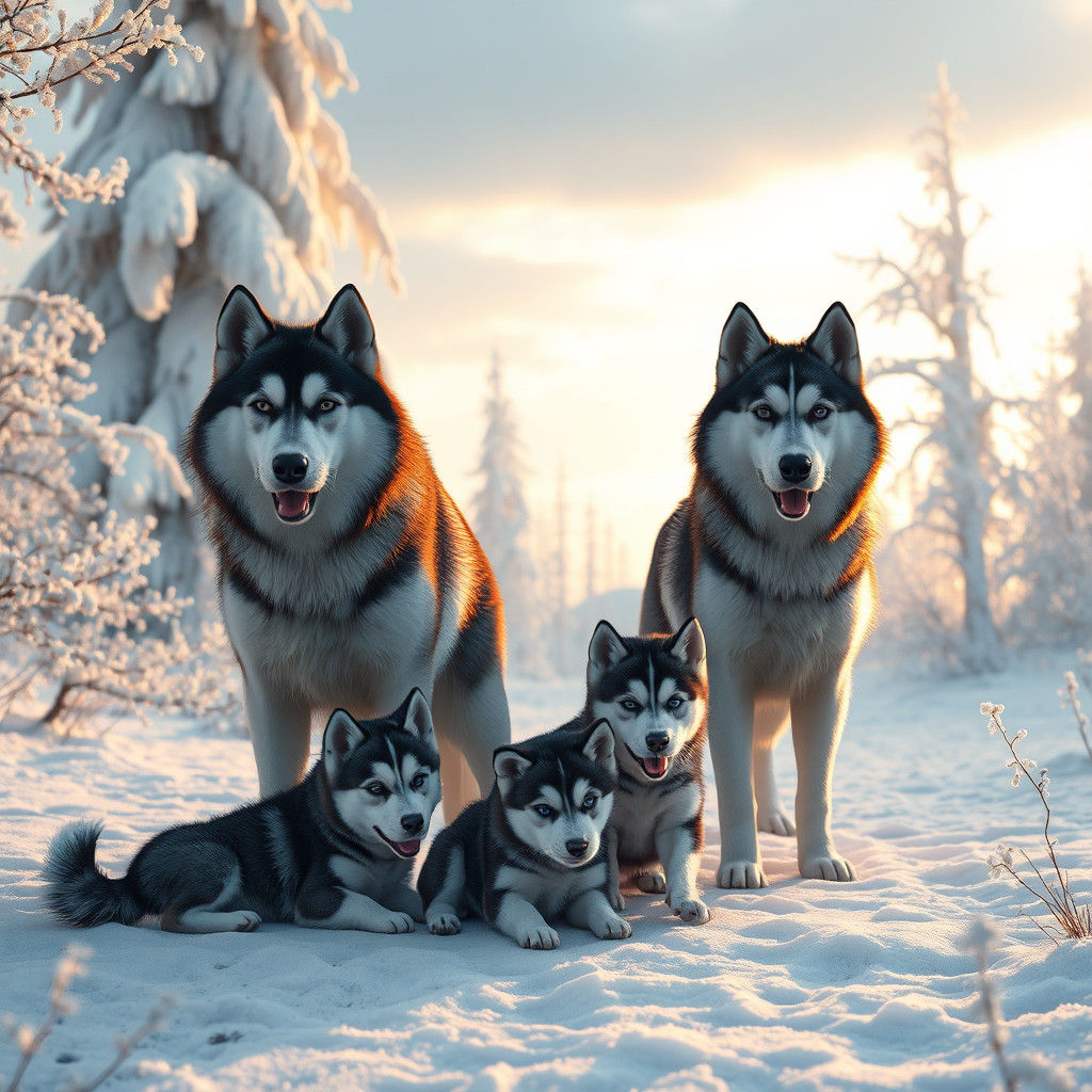 Husky Family Frolics in a Snowy, High-Fantasy Landscape