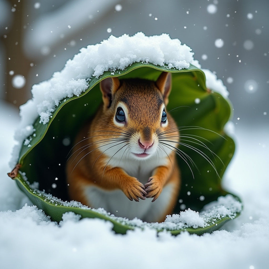 Squirrel Seeks Shelter in Winter Snowstorm