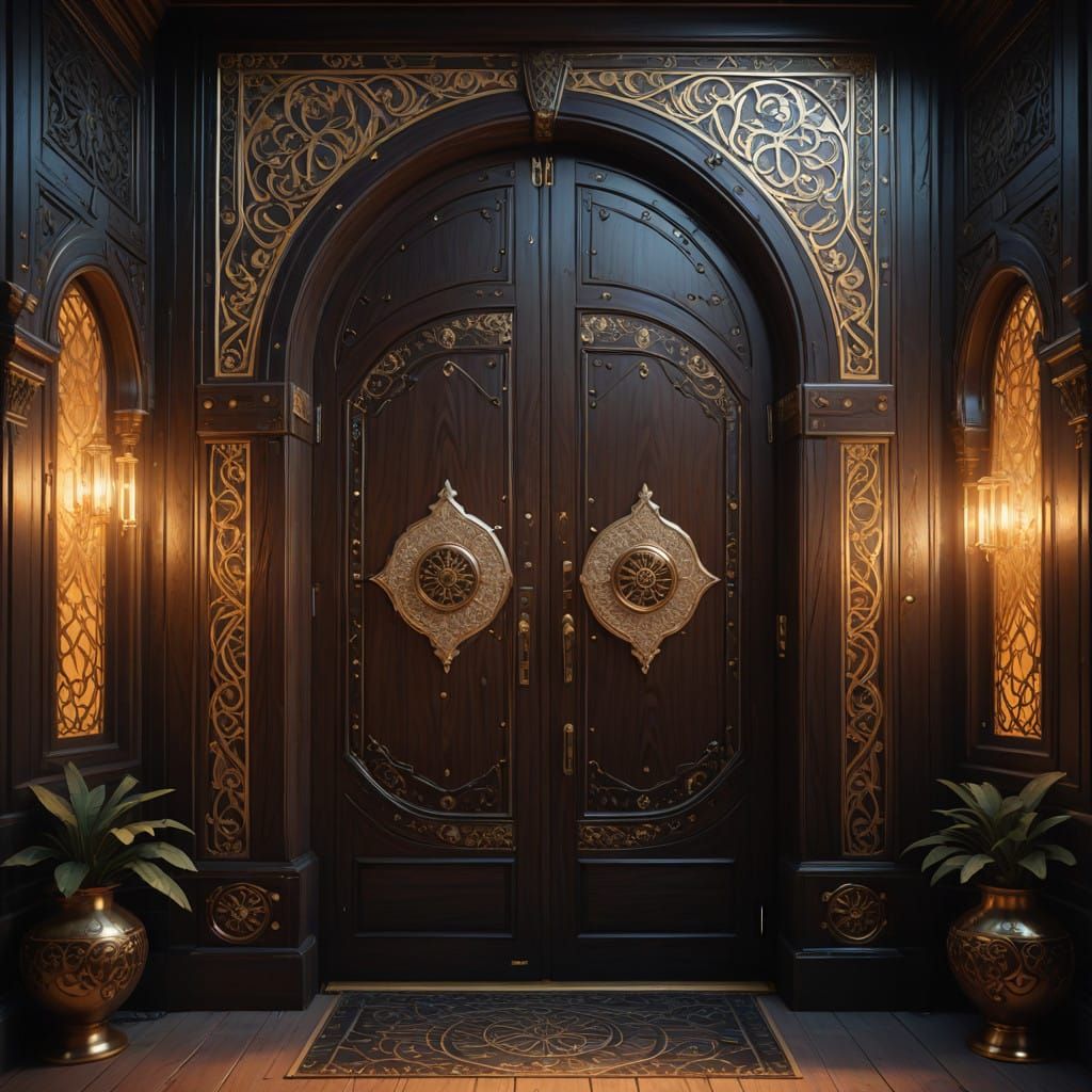 Majestic Palace Door in Dark Wood and Mother-of-Pearl
