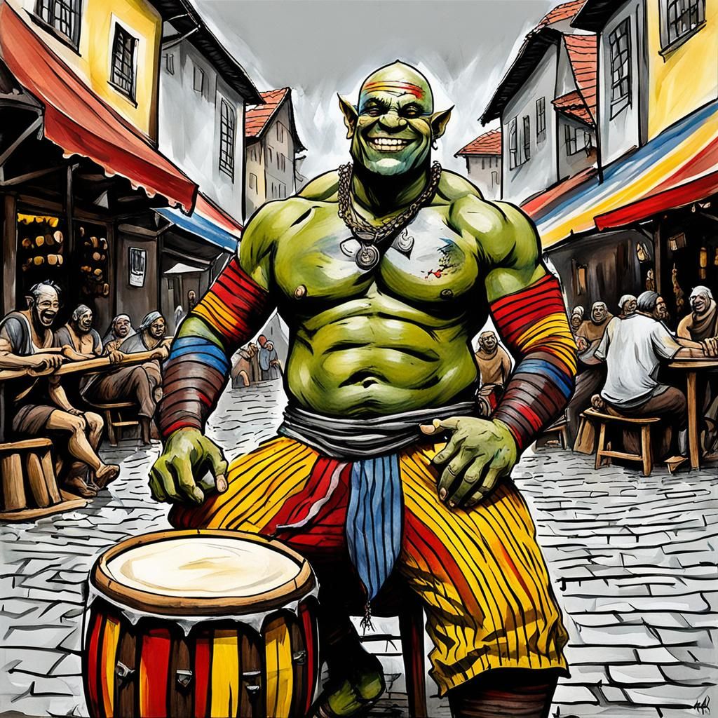 Happy Half-Orc Bard Plays Drums in Market