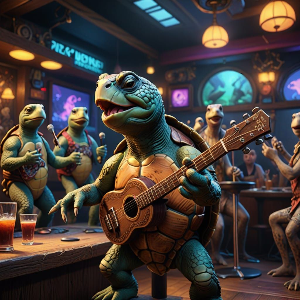 Turtle Crooner's Karaoke Night, Detailed Digital Art