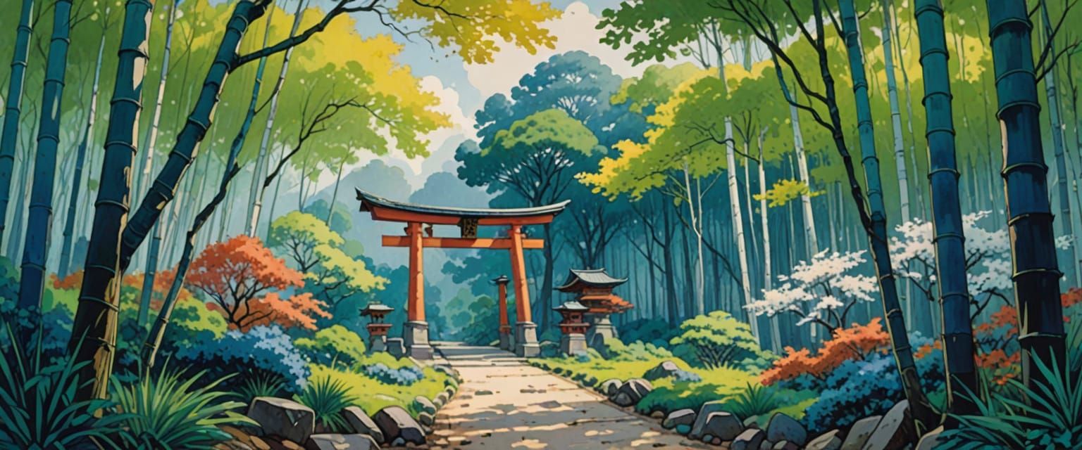 Shinto Shrine in Indigo Forest: Watercolor Gouache