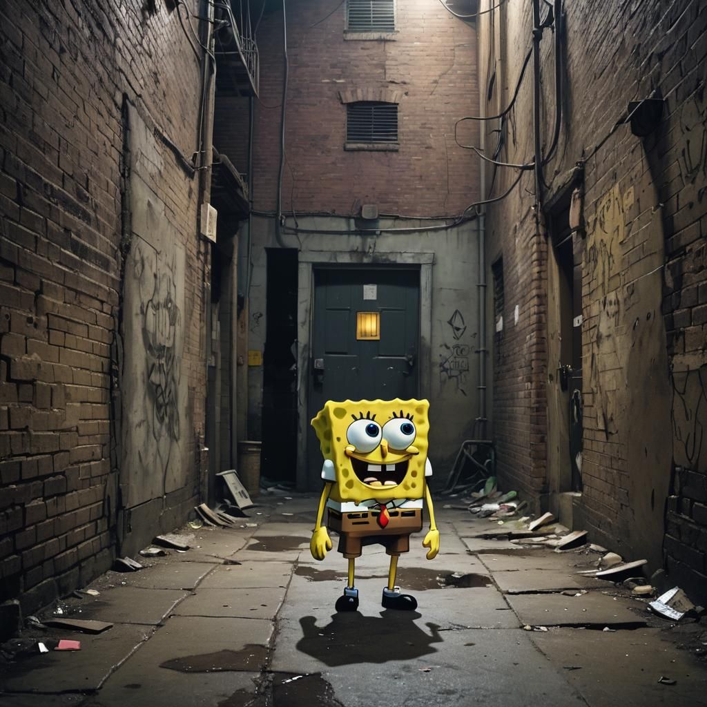 Sinister Spongebob Squarepants in Dark Alleyway