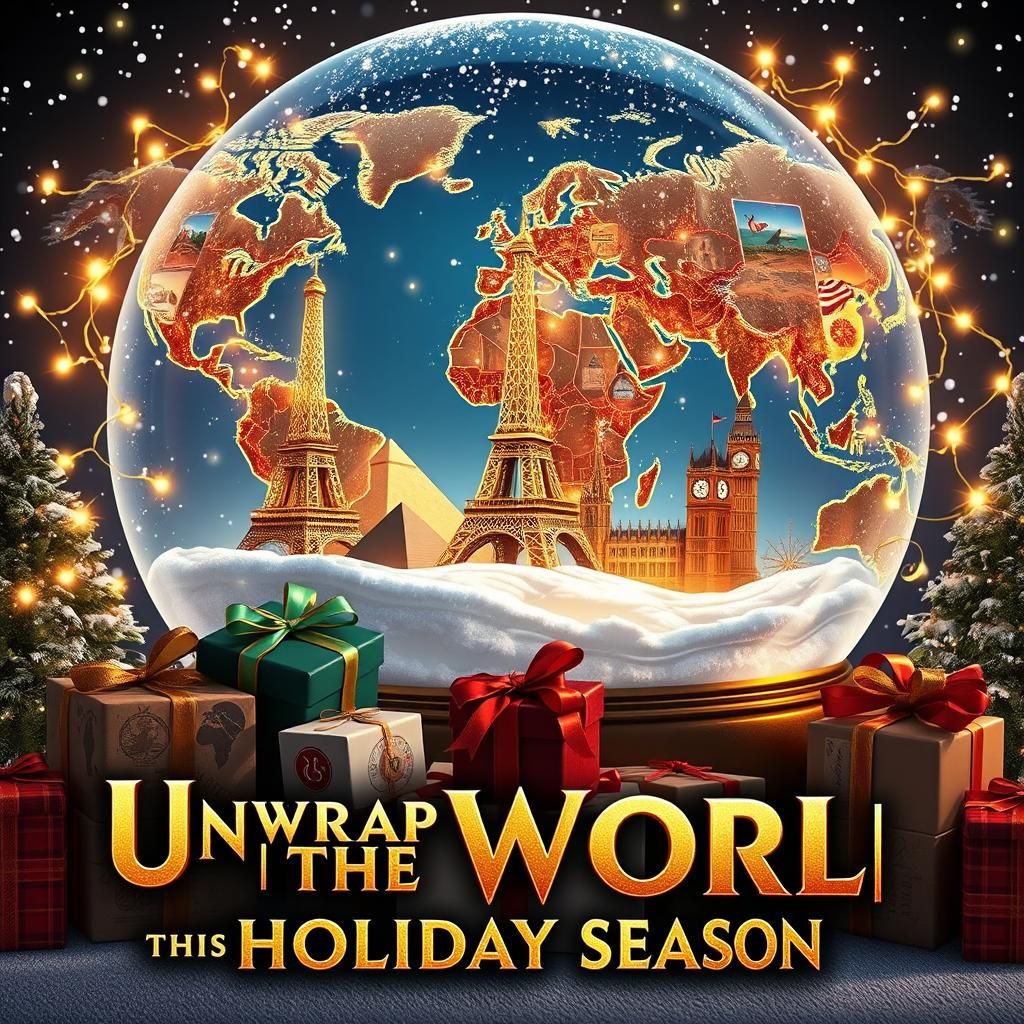 Festive Holiday World Map in Art Deco Style
