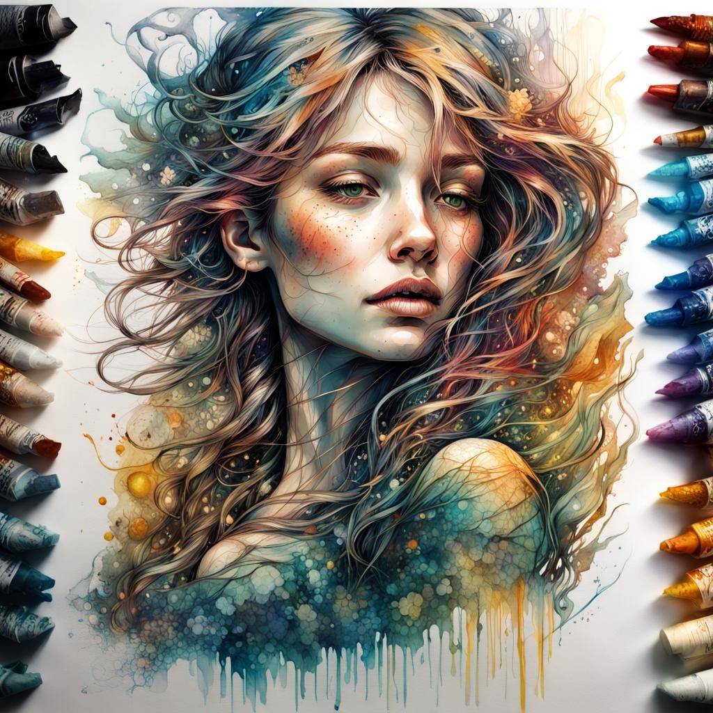 Mermaid in Stylized Ink Art with Cubist Colors