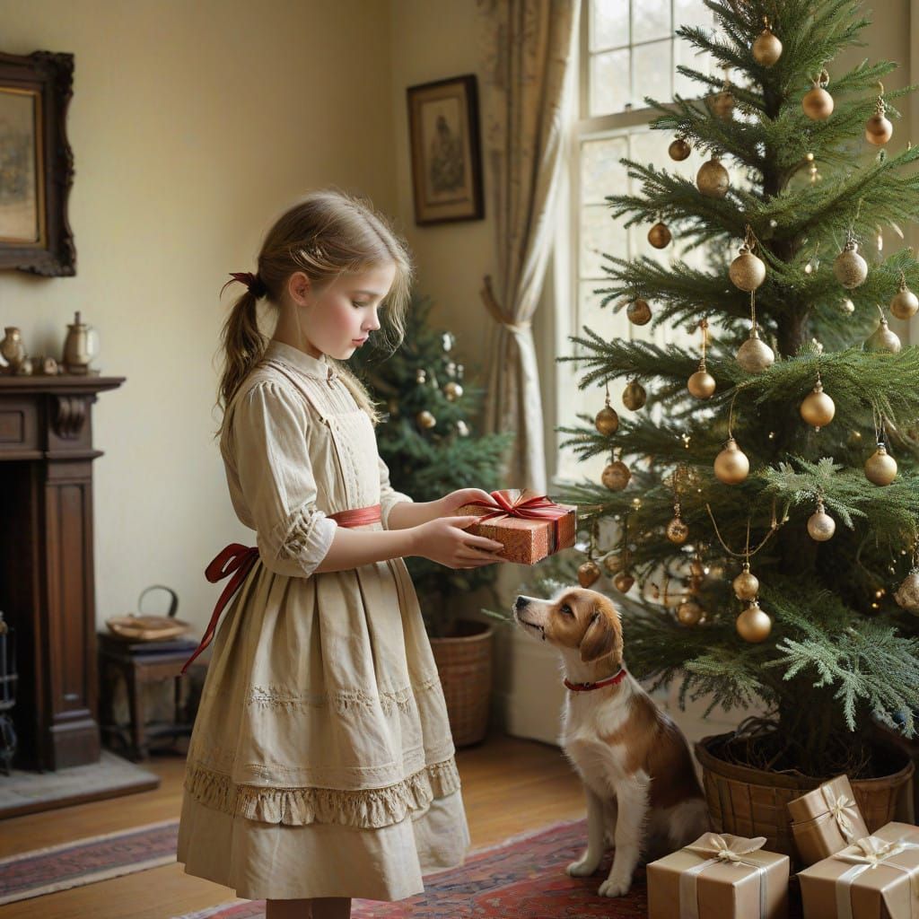 Vintage New Year's Card with Girl, Puppy, and Christmas Tree...