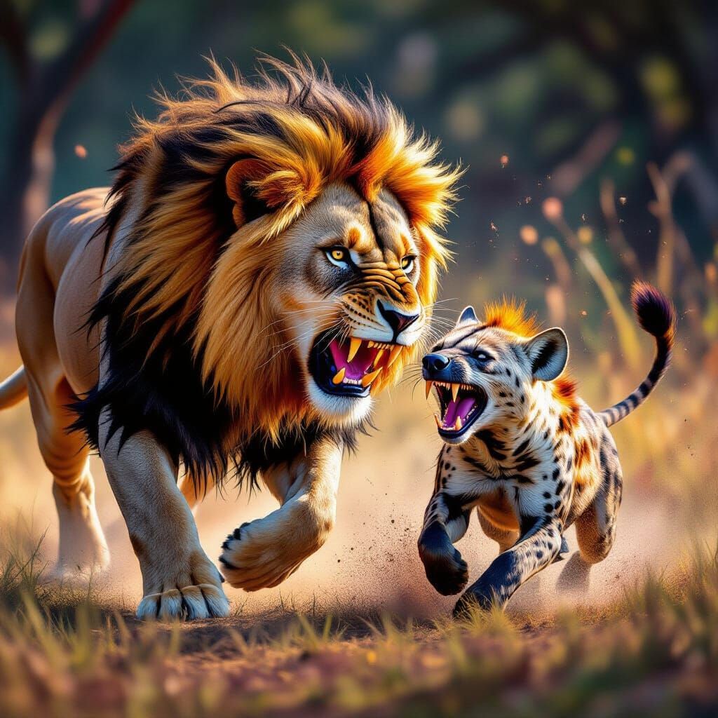 Lion Hunts Hyena in Hyperrealistic Splash Art Style
