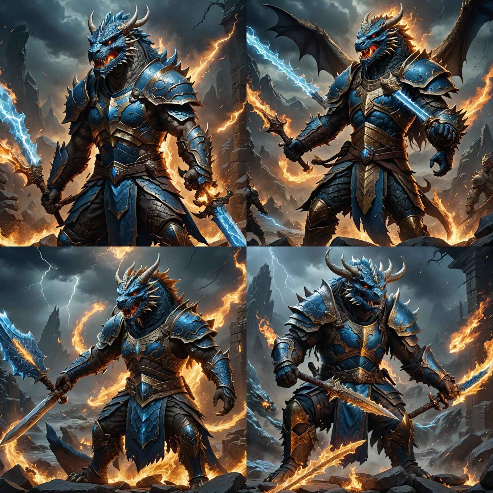 Dragonborn Barbarian with Flaming Sword in Dark Fantasy