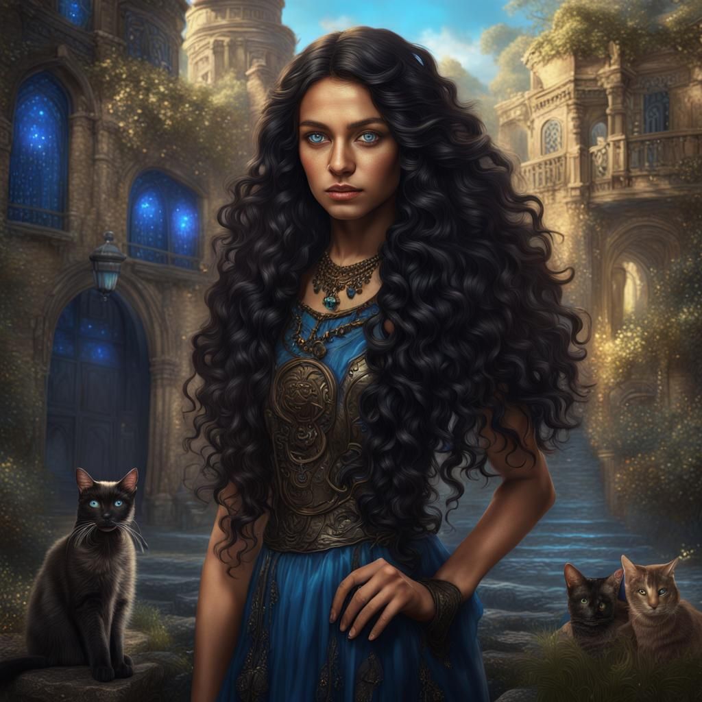 Young Woman with olive skin blue eyes and long curly black hair with a black cat