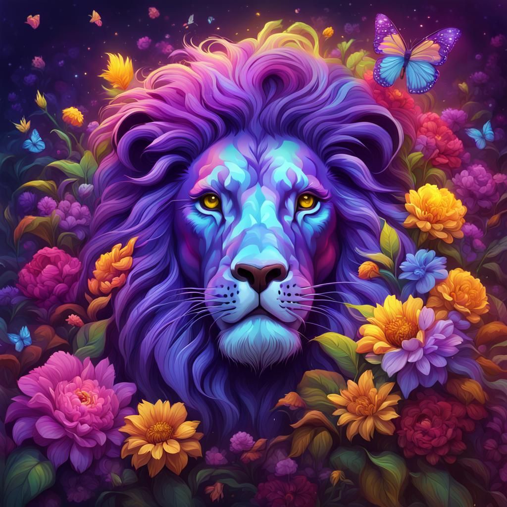 Lion with Floral Mane in Dark Fantasy Style