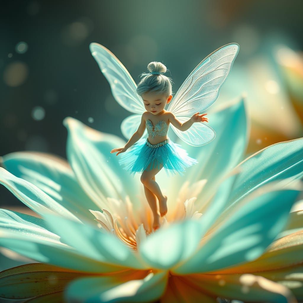 Turquoise Fairy Dancing on Exotic Flower