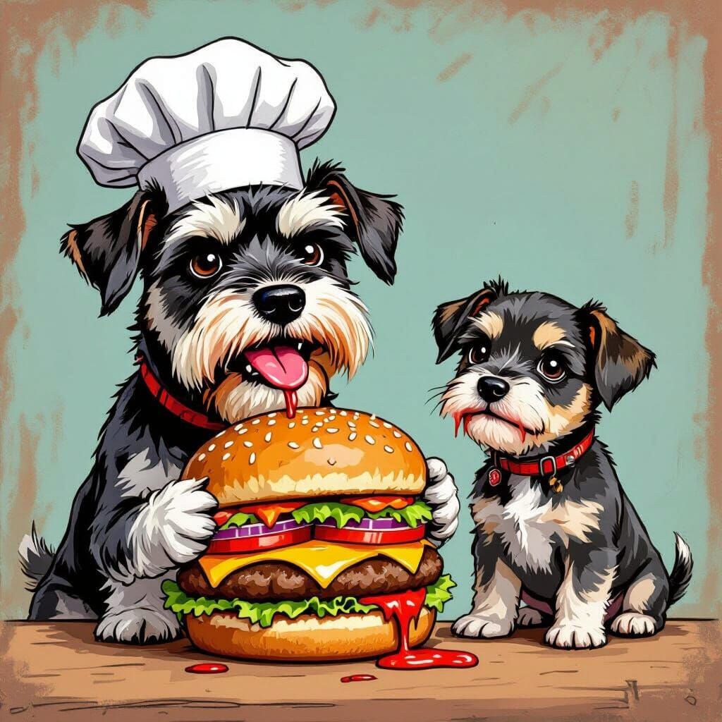 Angry Schnauzer Chef with Burger and Puppy