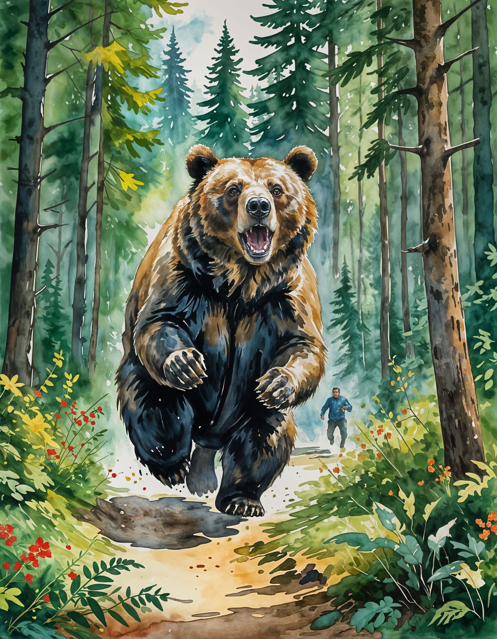 Dramatic Forest Encounter: Watercolor Clipart in Gouache Sty...
