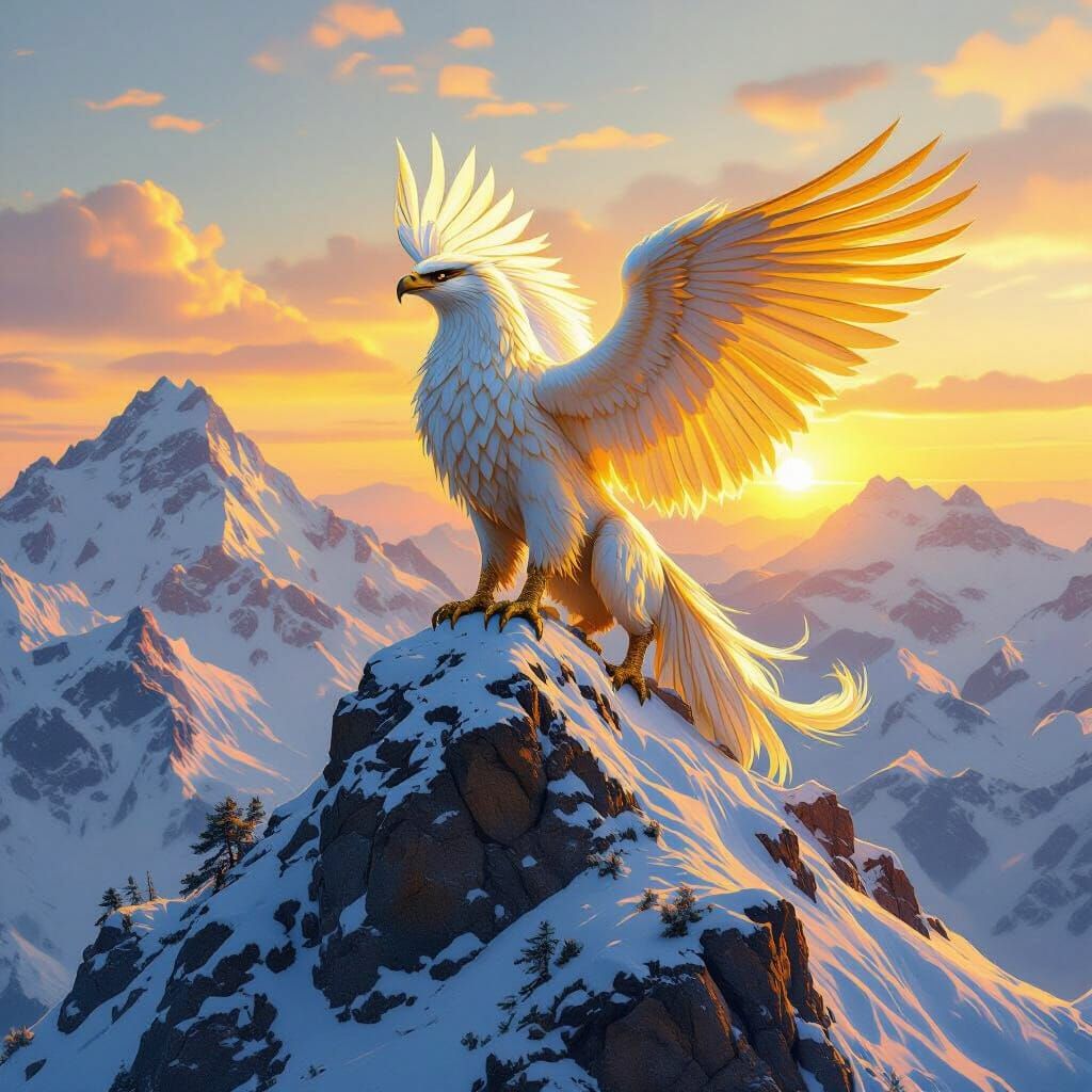 Golden Griffin Perched on Snowy Peak