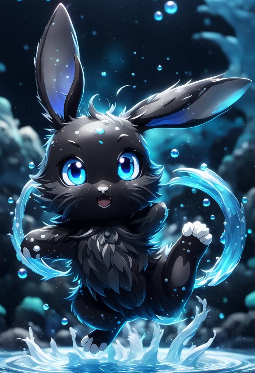 Magical Black Rabbit with Water Eyes in Anime Style