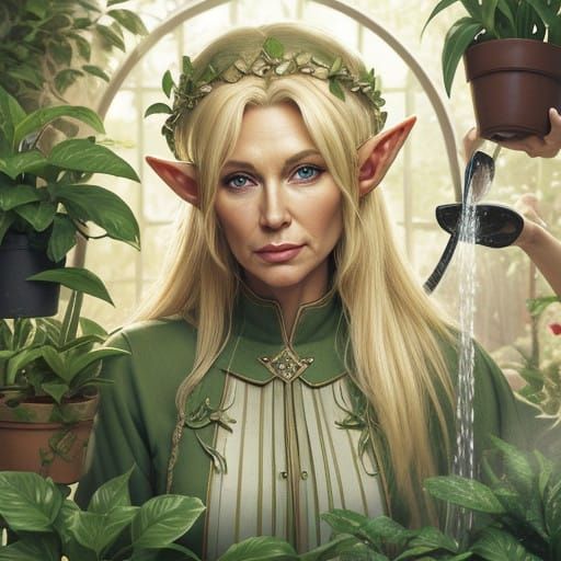 Ethereal Elf Lady Tends to Verdant Plants