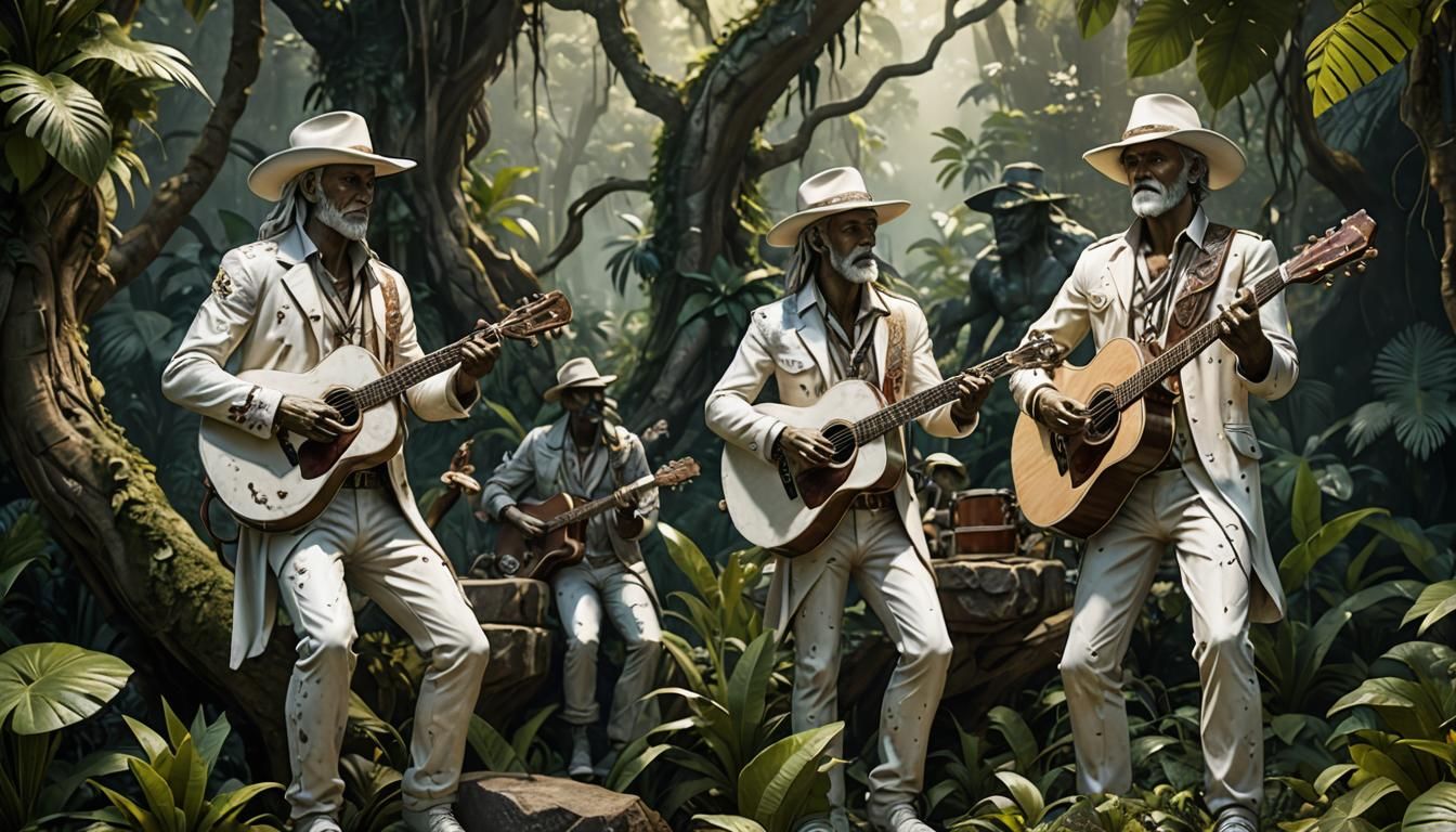 Country Musicians in Jungle as Marble Statues